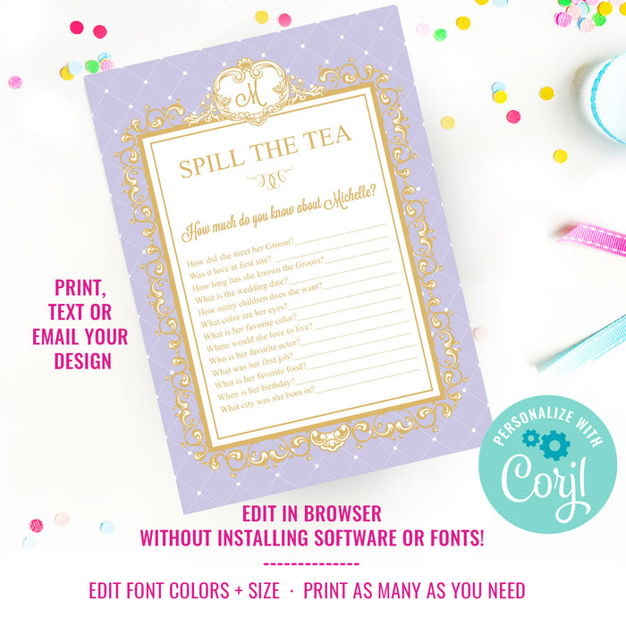 High Tea Party Game | Spill The Tea Lilac Bridal Shower Game