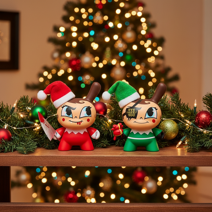 Kidrobot Holiday Dunny set featuring 3-inch Nice and Evil Elf figures from the Go Elf Yourself collection.