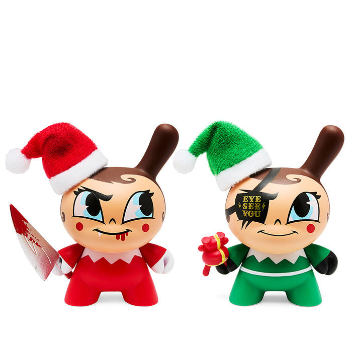 Kidrobot Holiday Dunny set featuring 3-inch Nice and Evil Elf Dunnys for festive holiday decor and collectible display.