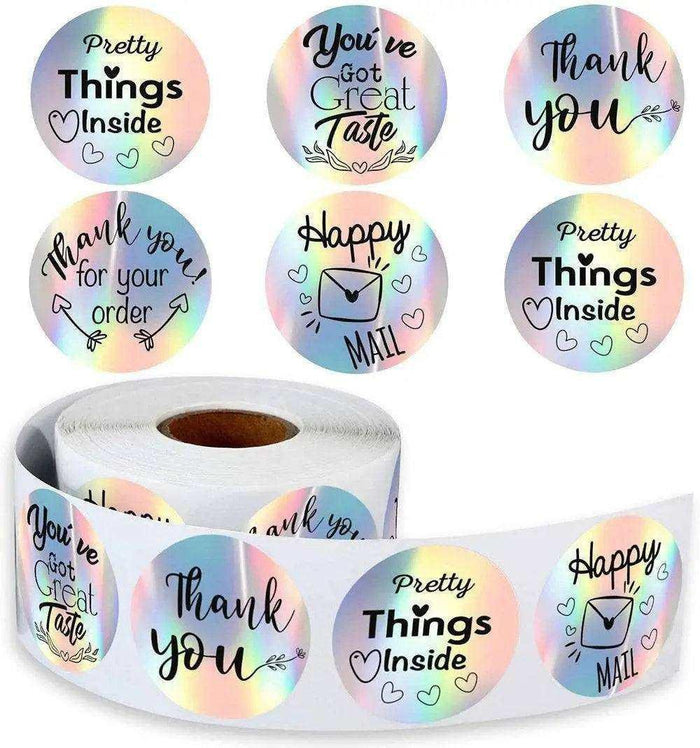 500-piece holographic iridescent thank you circle sticker roll 2.5cm diameter rainbow-shifting finish for small business packaging care packages gift wrap and Etsy orders