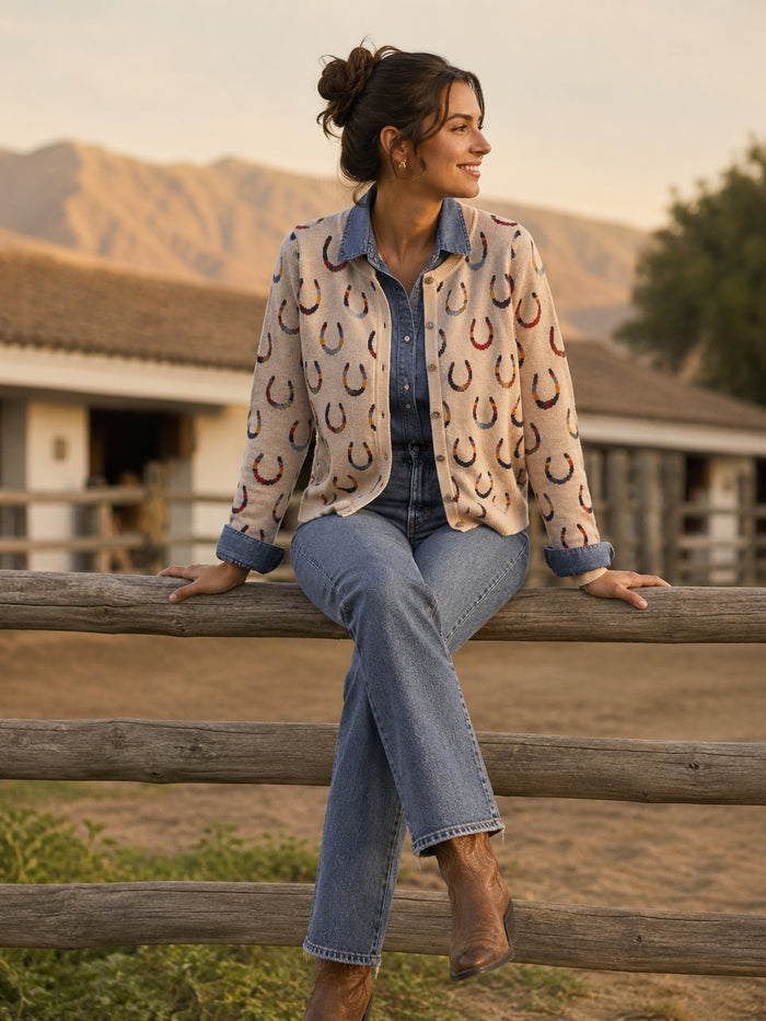 Woman outside wearing Horse Shoe Jacquard Knit Women's Cardigan, Organic Cotton