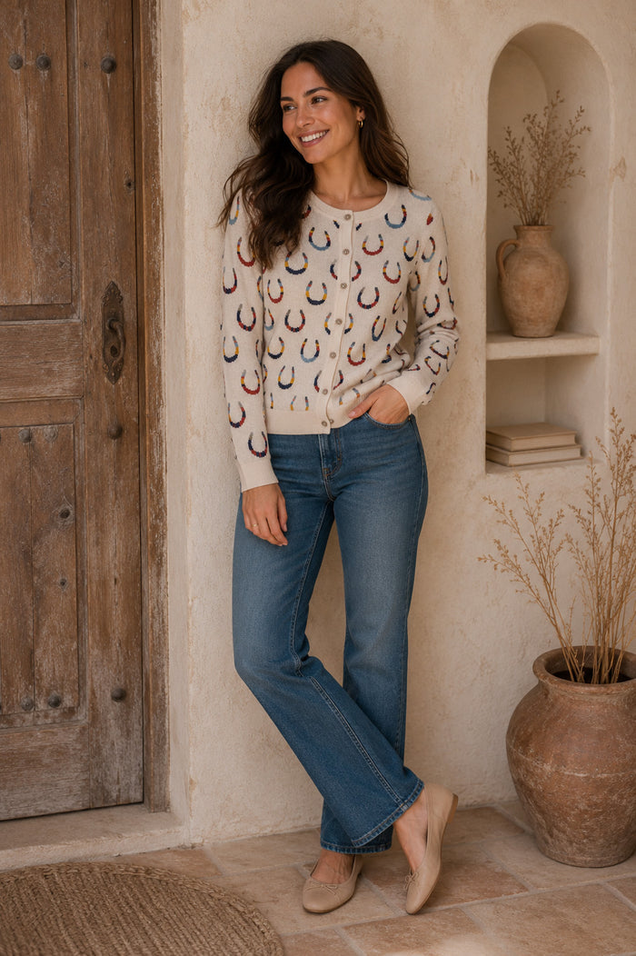 Woman wearing Horse Shoe Jacquard Knit Women's Cardigan, Organic Cotton