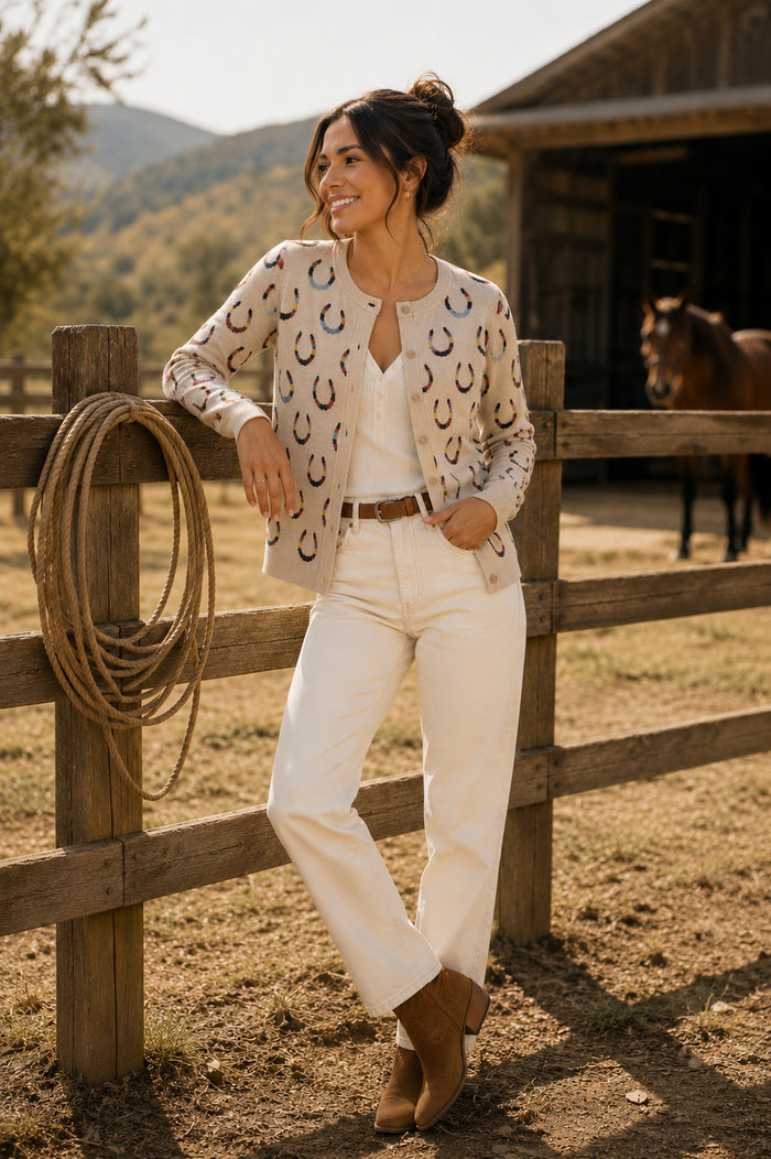 Woman posed wearing Horse Shoe Jacquard Knit Women's Cardigan, Organic Cotton