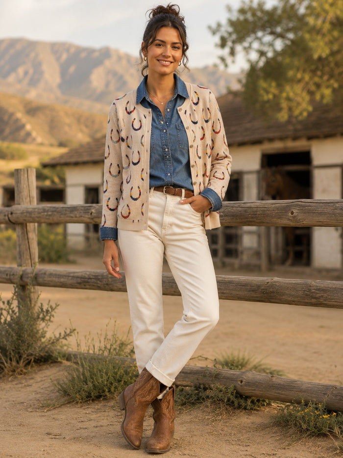 Woman outside with Horse Shoe Jacquard Knit Women's Cardigan, Organic Cotton