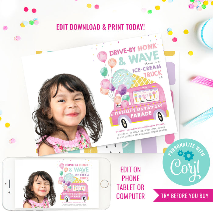 Ice Cream Truck Birthday Parade Photo Invitation