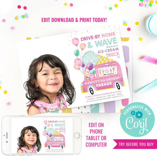 Ice Cream Truck Birthday Parade Photo Invitation