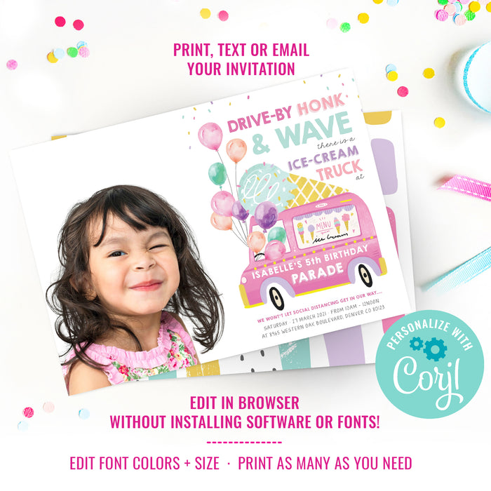 Ice Cream Truck Birthday Parade Photo Invitation