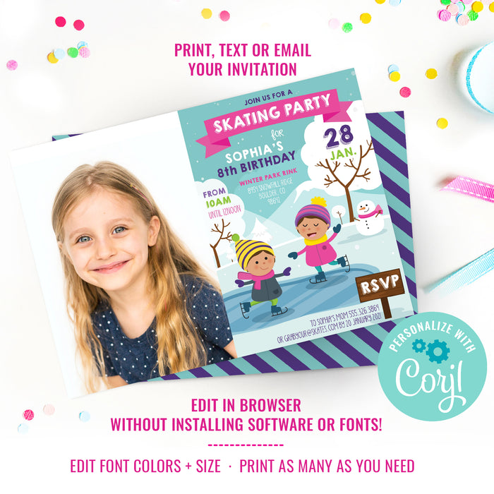 Ice Skating Party Photo Invitation for Girls