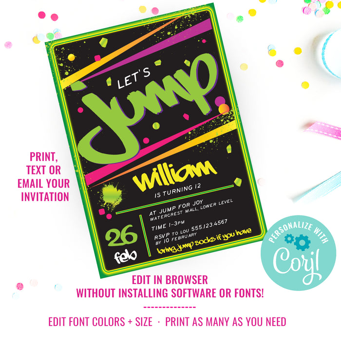 Jump Party Invitation | Bounce Birthday Party Invite | Trampoline Park Birthday Party Invitation