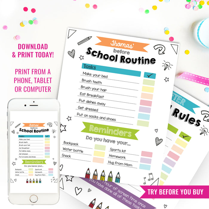 Kids Daily School Routine Checklist Printable | Editable Chore Chart | Daily Routine Responsibility Chart