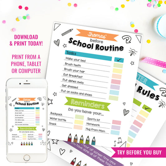 Kids Daily School Routine Checklist Printable | Editable Chore Chart | Daily Routine Responsibility Chart
