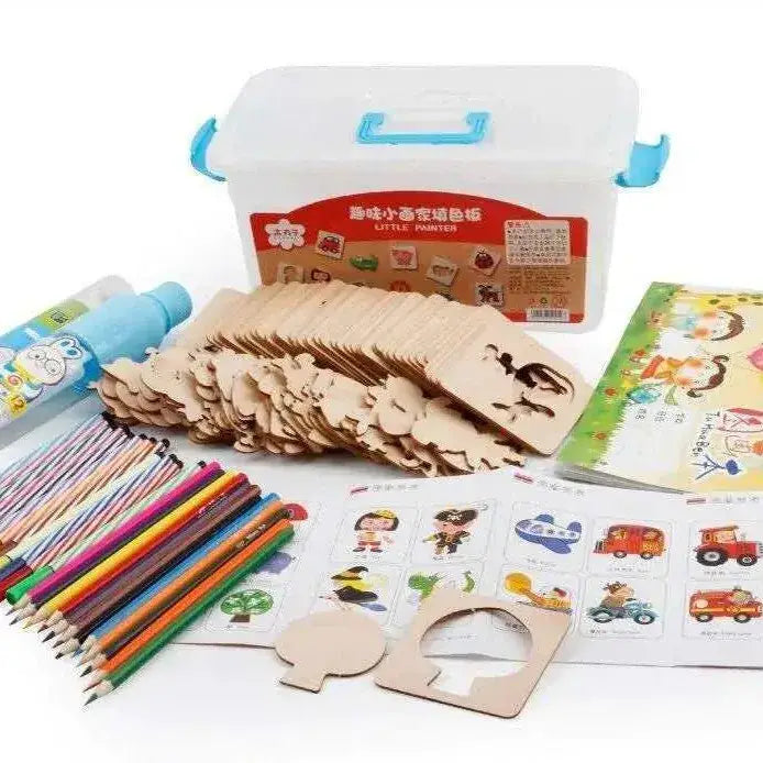 Children's drawing supplies kit with pens pencils and paper