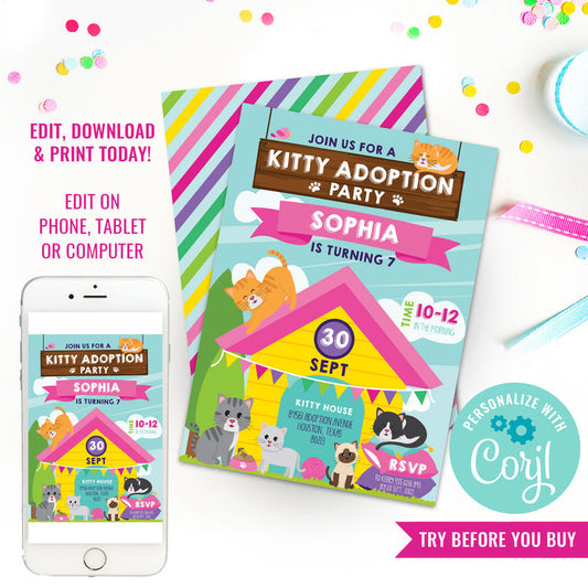 Kitty Adoption Party Invitation for Girls | Pet Party