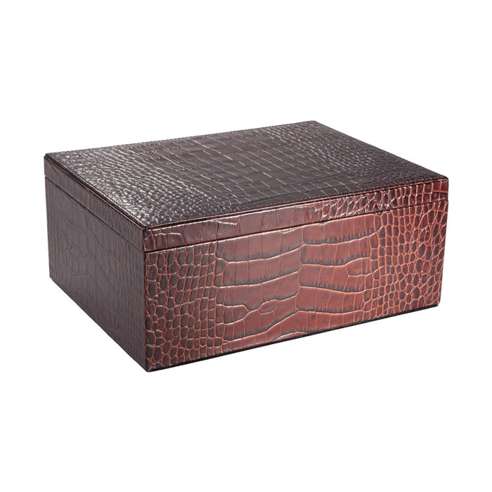 Large Storage Box in Brown Crocodile-Embossed Leather — closed padded lid and embossed leather finish