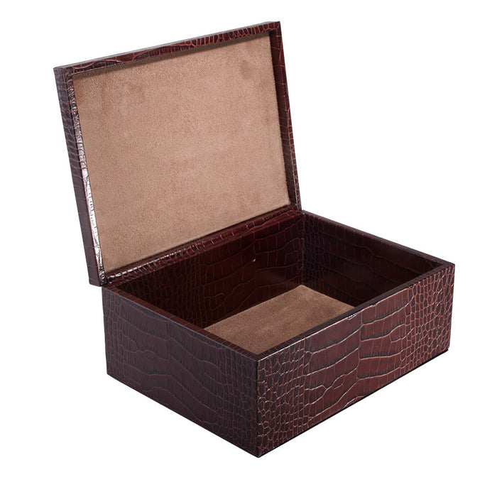Large Storage Box in Brown Crocodile-Embossed Leather — open lid and lined storage interior