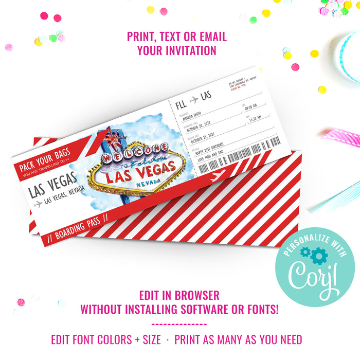 Las Vegas Surprise Vacation Gift Ticket | Travel Ticket Surprise | Printable Travel Ticket Gift
