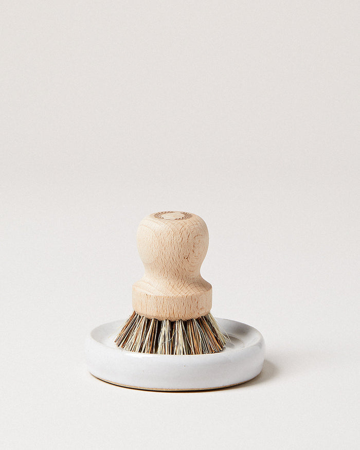 Laurel Pot Brush and Stoneware Rest — pot brush seated in its stoneware rest; Farmhouse Pottery