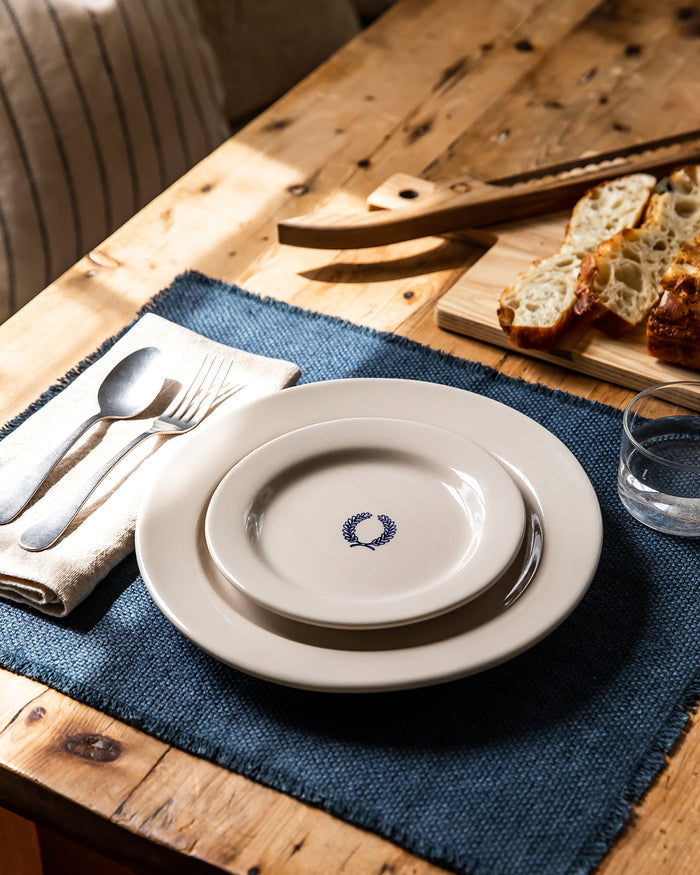 Laurel Stoneware Plates — laurel plates at a breakfast setting; Farmhouse Pottery