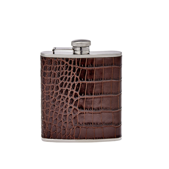 Leather-Wrapped Flask in Brown Crocodile-Embossed Leather — leather-wrapped body and metal cap