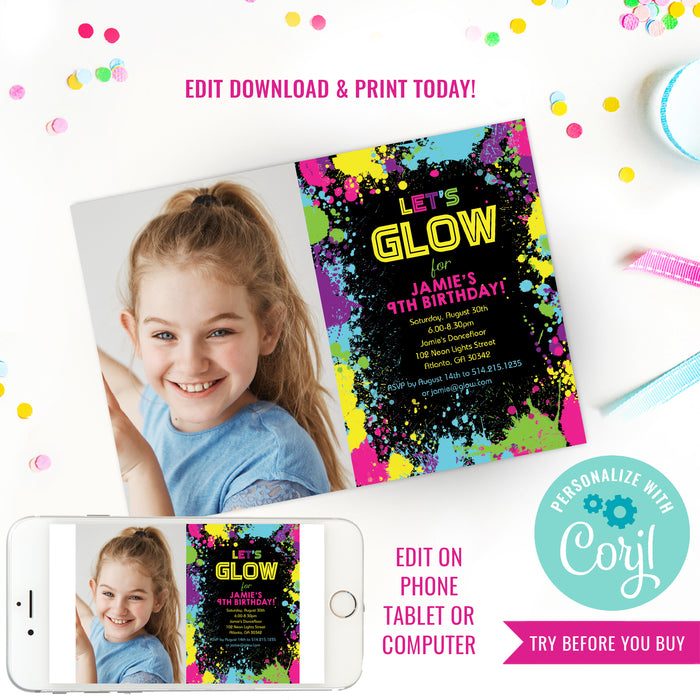 Glow party photo invitation