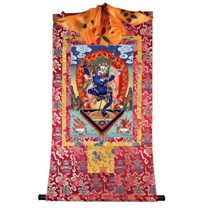 Lion-faced Dakini - Simhamukha - -Simhavaktra -Longsal Sengmar - Tibetan thangka painting, detailed view