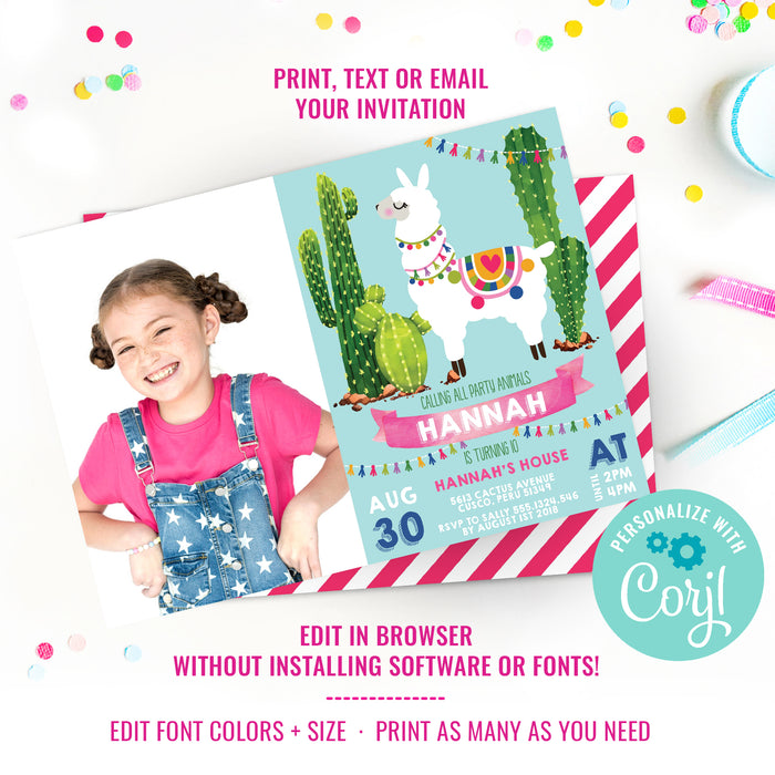 Llama Party Photo Invitation