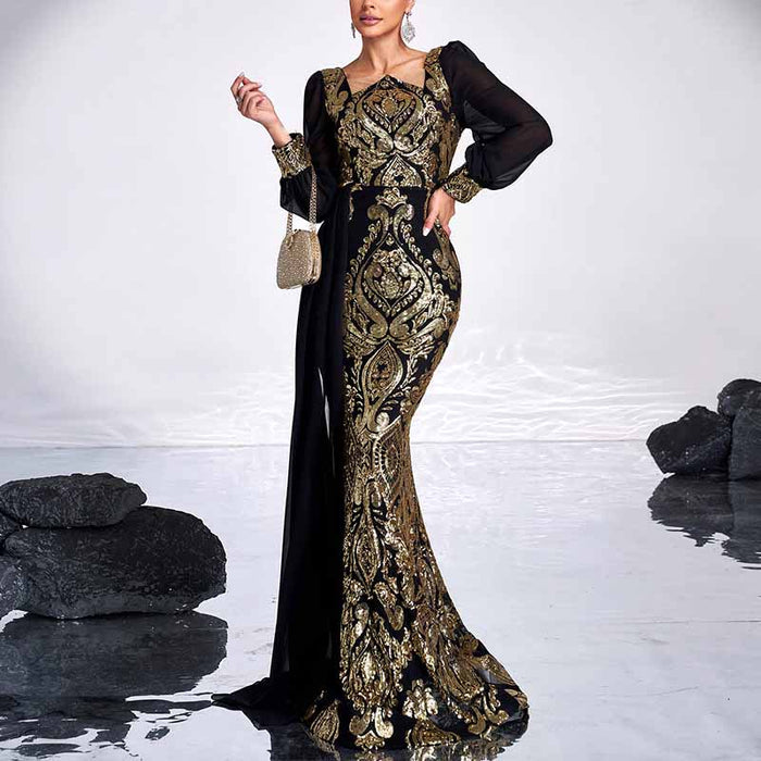 Long Sequin Prom Black & Gold Embroidered Gown with Ribbon