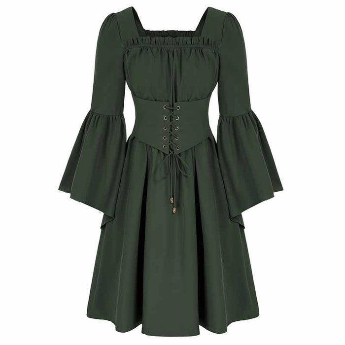 Medieval Renaissance Dress Square Neck Pleated Waistband Decor Long Sleeve Dress