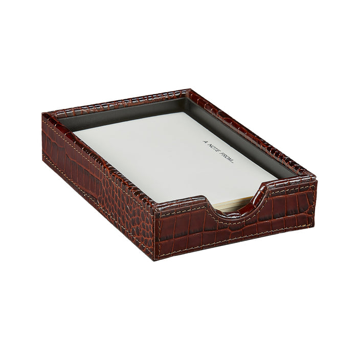 Memo Tray with Note Cards in Brown Crocodile-Embossed Leather — tray with example note cards; select the phrase or blank-card option