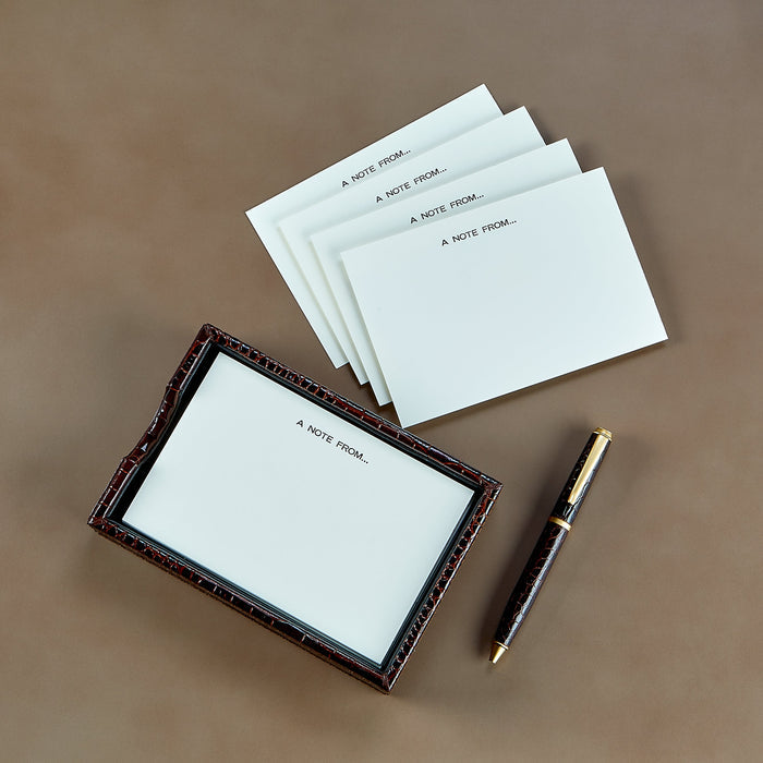 Memo Tray with Note Cards in Brown Crocodile-Embossed Leather — styled presentation with other objects; other accessories are separate
