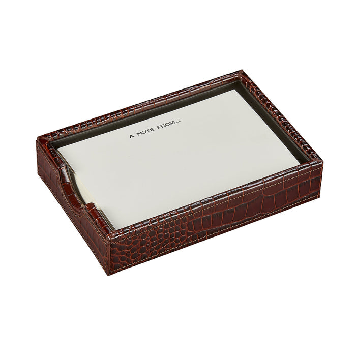 Memo Tray with Note Cards in Brown Crocodile-Embossed Leather — tray with example note cards; select the phrase or blank-card option