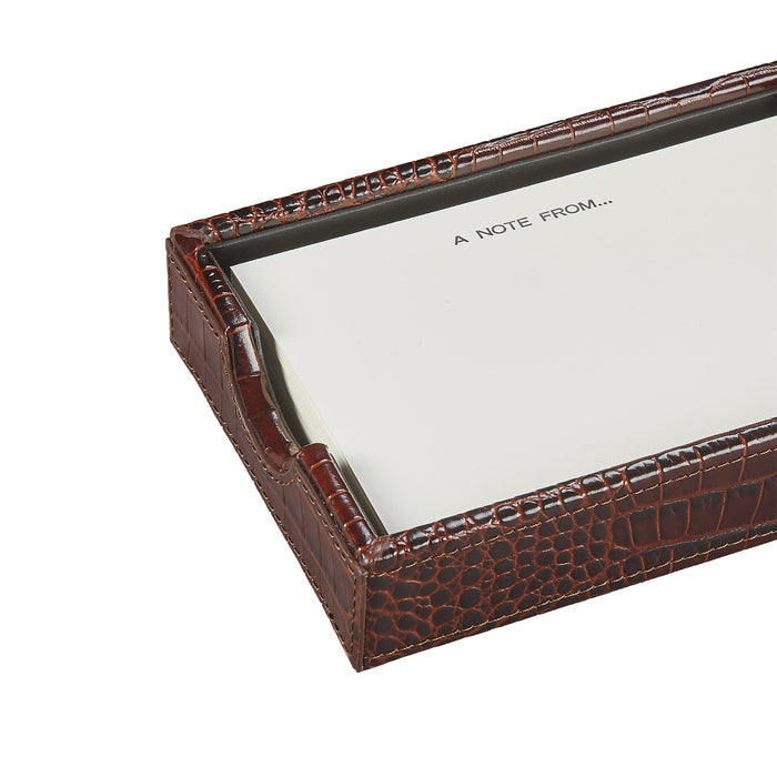 Memo Tray with Note Cards in Brown Crocodile-Embossed Leather — tray with example note cards; select the phrase or blank-card option