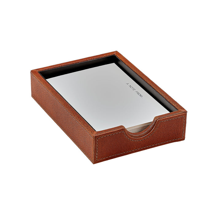 Memo Tray with Note Cards in Cognac Harness Leather — tray with example note cards; select the phrase or blank-card option