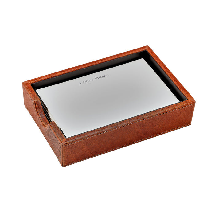 Memo Tray with Note Cards in Cognac Harness Leather — tray with example note cards; select the phrase or blank-card option