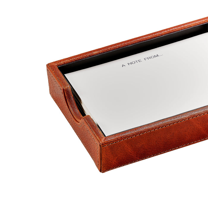 Memo Tray with Note Cards in Cognac Harness Leather — tray with example note cards; select the phrase or blank-card option
