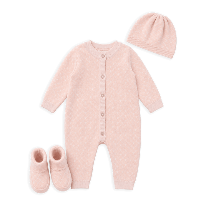 Organic Cotton Milan Knit Baby Jacquard Jumpsuit, Hat, and Booties 3pc Set, Blush