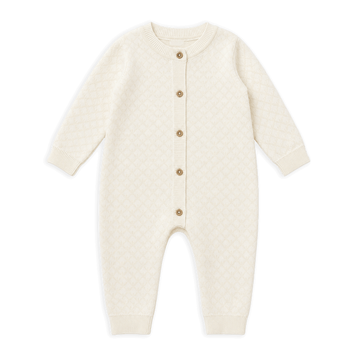 Organic Cotton Milan Knit Baby Jacquard Jumpsuit, Dove White