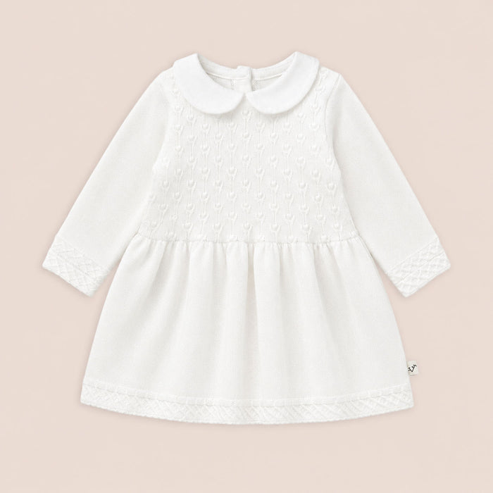 Organic Cotton Milan Knit Baby Peter Pan Tulip Sweater Dress, Dove White
