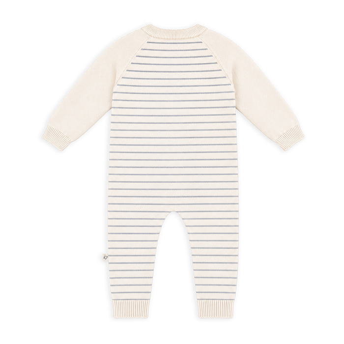 Back of Cream Milan Knit Baby Side Button Stripe Jumpsuit made of Organic Cotton