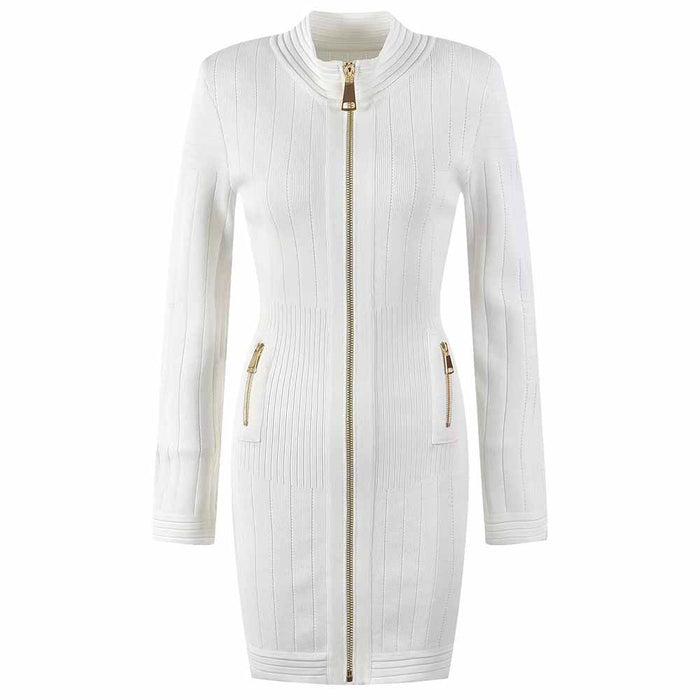 Mini Dress Ladies Long Sleeve Knitted Dress with Zips