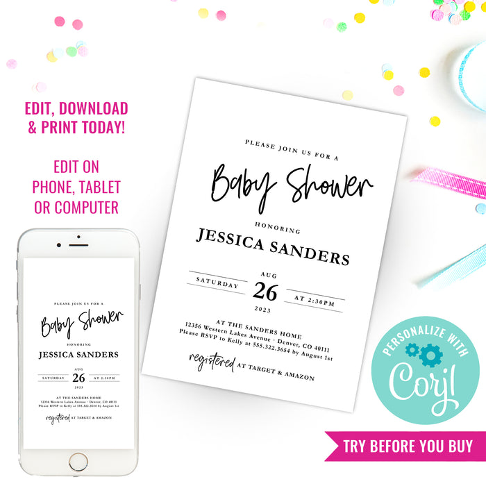 Modern Baby Shower Invitation | Black and White invitation | Baby Shower Brunch