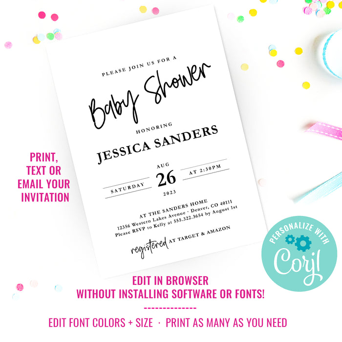 Modern Baby Shower Invitation | Black and White invitation | Baby Shower Brunch