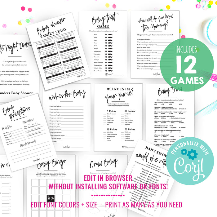 Modern Editable Baby Shower Games | Baby Shower Games Bundle | Printable Baby Party Games