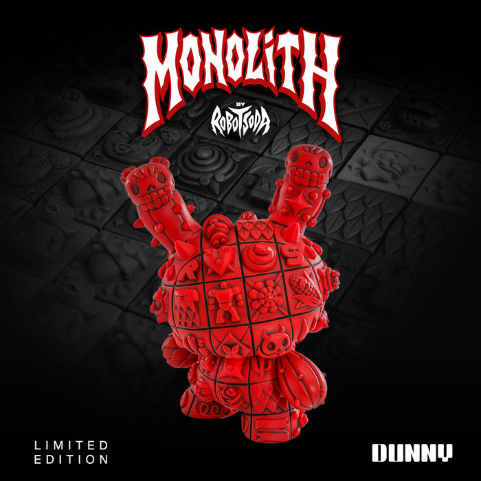 Limited edition ROBOT SODA Monolith Dunny 8-inch sculpted vinyl art figure in Sangre edition with fiery design.