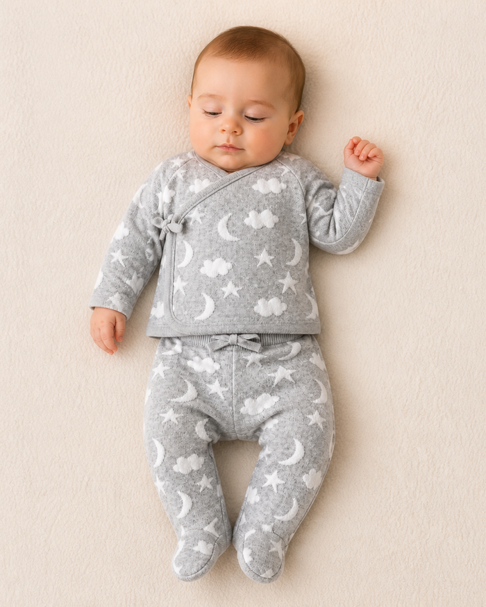Baby Wearing Grey Moon and Stars Dream Knit Kimono Baby Top and Pant Set, Organic Cotton by Viverano