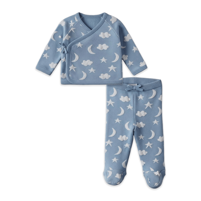 Moon & Stars Dream Knit Kimono Baby Top & Pant Set (Organic Cotton) - Mineral Blue