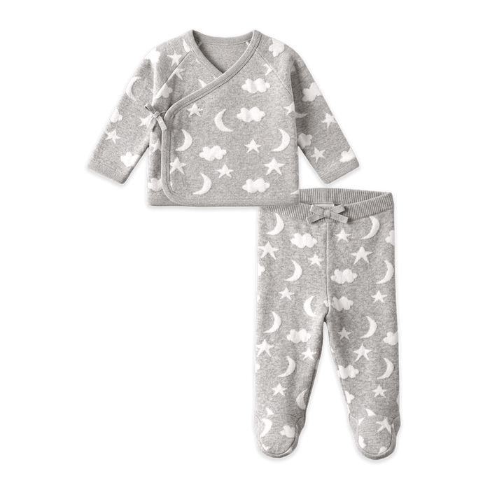 Heather Grey Moon and Stars Dream Knit Kimono Baby Top and Pant Set, Organic Cotton