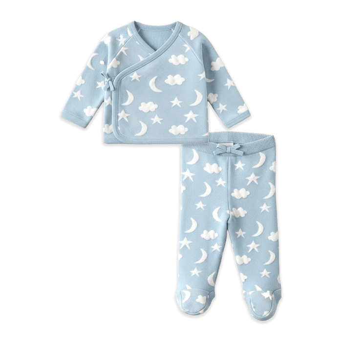 Baby Blue Moon and Stars Dream Knit Kimono Baby Top and Pant Set, Organic Cotton