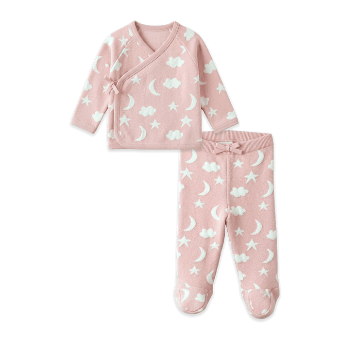 Baby Pink Moon and Stars Dream Knit Kimono Baby Top and Pant Set, Organic Cotton