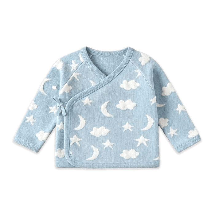 Baby Blue Organic Cotton Moon and Stars Dream Knit Kimono Baby Top and Pant Set, Long Sleeve Shirt